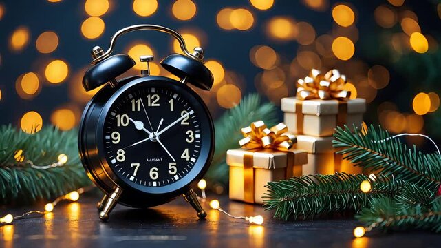 Classic vintage alarm clock on a festive holiday background with sparkling lights, gift boxes, pine branches, and seasonal decorations.

