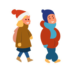 Winter Children Walking Cartoon Illustration