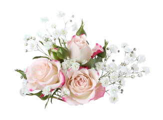Bouquet with beautiful gypsophila and roses on white background
