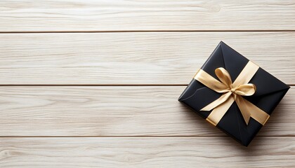Elegant black gift box with gold ribbon on wood