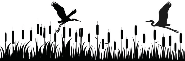 panorama set silhouette of a wetland pond reed with herons vector wildlife nature graphic design