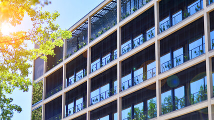 Modern city eco office building with tree. Detail shot of modern architecture facade,business concepts. Environment. Modern building and trees, double exposure.