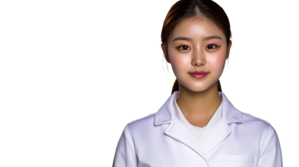 Asian female health worker in lab coat looking forward, cut out transparent