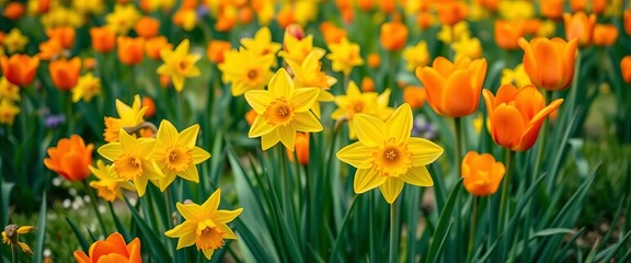 Vibrant yellow daffodils and orange tulips in a spring meadow, springtime, field of flowers