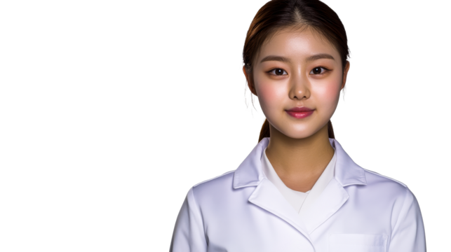 Asian female health worker in lab coat looking forward, cut out transparent