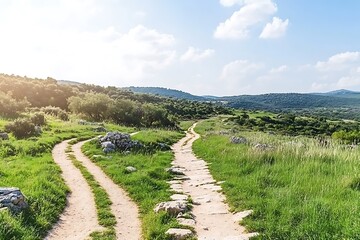 Serene Countryside Path A Fork in the Road leads through Lush Green Meadows and Rolling Hills under a Sunny Sky