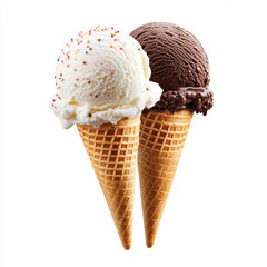 Two scoops of chocolate and vanilla ice cream in a cone with sprinkles on top, isolated on a white background.