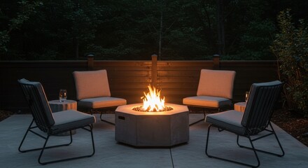 Fototapeta premium Outdoor fire pit with chairs at dusk