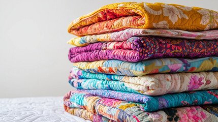 A stack of colorful quilts and bedspreads, representing patchwork productions, is displayed on a white background, leaving plenty of copy space.