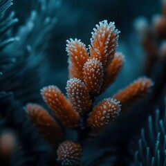 Close up of Frost Covered Pine Cones Winter Nature Macro Photography Teal and Orange Hues