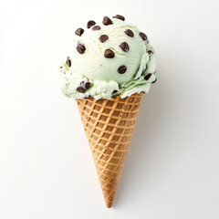 A scoop of mint chocolate chip ice cream in a waffle cone, with visible chocolate chips, displayed on a white background