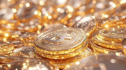 Golden cryptocurrency coins piled high, sparkling