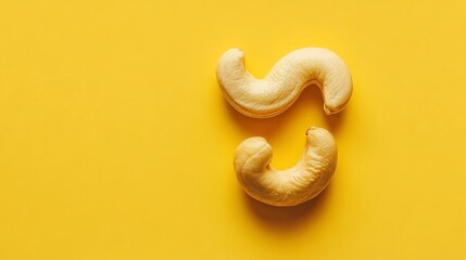 Obraz premium Two Cashew Nuts Forming an S Shape on a Bold Yellow Background. Minimalist Food Photography.