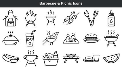 Collection of minimalistic black and white bbq and picnic related icon set design