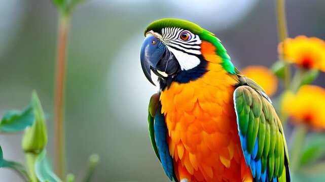 Cute Parrot Surrounded by Vibrant Flowers in a Nature Background
