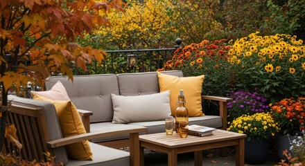 Cozy outdoor seating area with autumn foliage and flowers