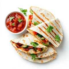 A set of quesadilla slices filled with grilled vegetables and cheese, served with a side of salsa, isolated on a white background.