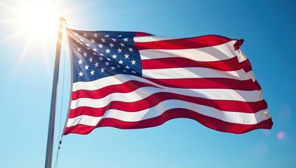 Large US flag displayed, bright sunlight, vast open space, blue sky, celebration, independence