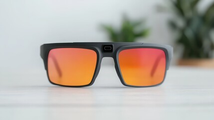 Sleek black smart sunglasses with orange-tinted lenses placed on a light surface, blurred plants in the background.