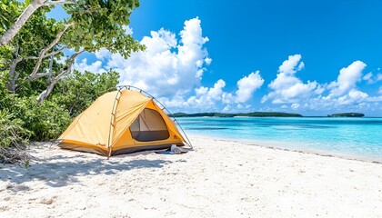 Idyllic beach camping scene a yellow tent pitched on a pristine, white sand beach under a vibrant blue sky
