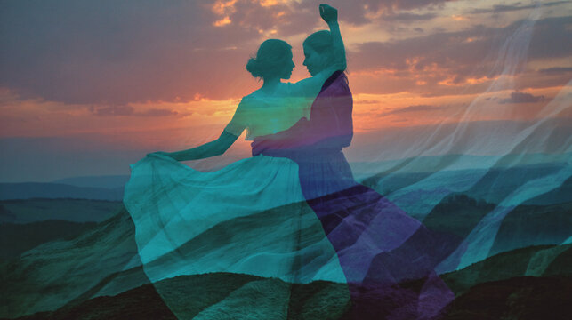 Silhouette of couple embracing at sunset, overlaid with flowing fabric, creating a dreamy, romantic atmosphere symbolizing love, unity, and passion - Powered by Adobe