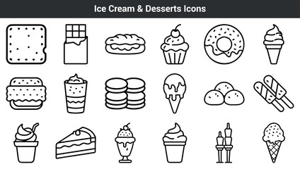 Vector icons collection of ice cream desserts and sweets in a clean outline style