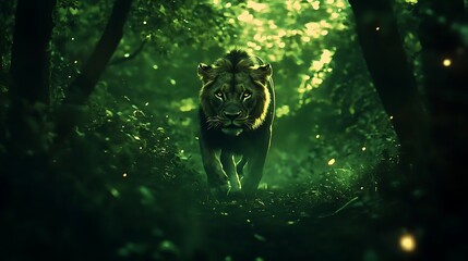Majestic Lion Walking Through a Dark Green Forest at Night