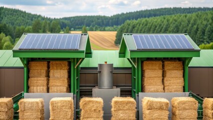 Solar-powered farm machinery processes hay bales in a rural landscape with green fields and forests.
