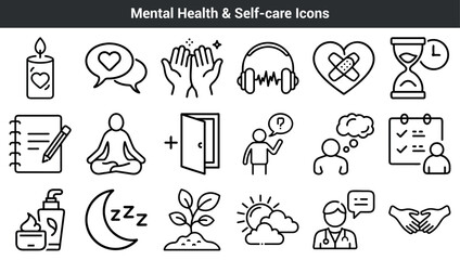 Fototapeta premium Collection of simple minimalist icons representing mental health and self care practices