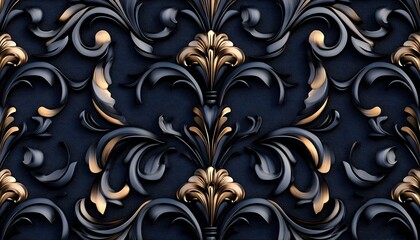 Dark navy blue and gold embossed floral damask pattern