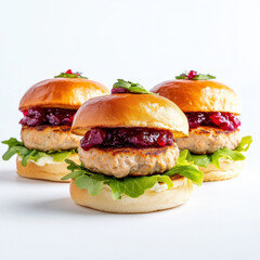 Three turkey sliders with cranberry sauce, lettuce, mayo, and brioche buns, isolated on a white background.