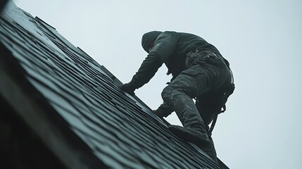 Roofing Contractor Installing Shingles on a Steep Roof