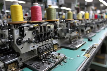 Multiple industrial sewing machines lined up with colorful thread spools, used for apparel manufacturing and textile production