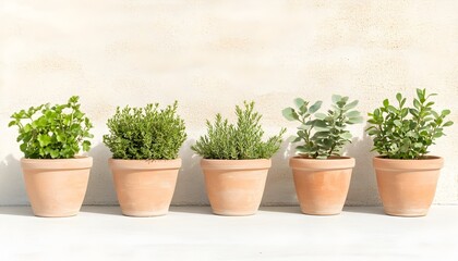 Fototapeta premium Five potted herbs in terracotta pots against a light wall