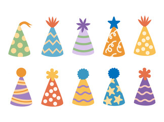 Cute colorful happy birthday hats set. Hand-drawn vector illustration in flat style.
