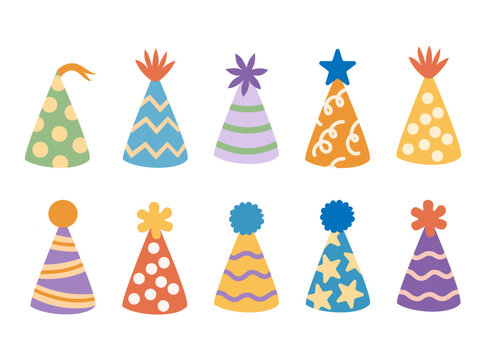 Cute colorful happy birthday hats set. Hand-drawn vector illustration in flat style.
