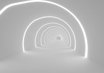 Abstract Archway Tunnel, Glowing Neon Lights, White Interior