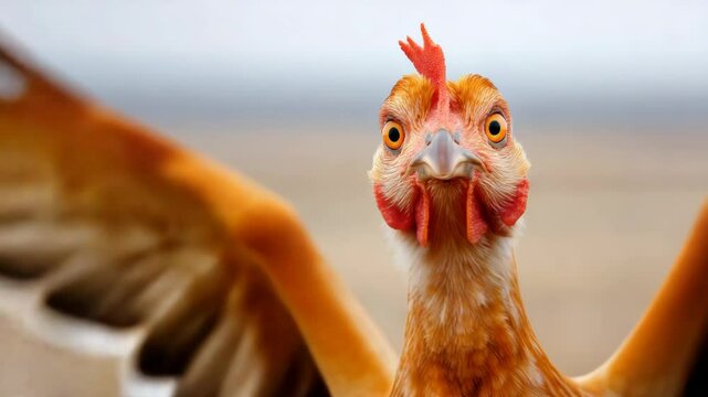 Chicken with a red comb and orange feathers is staring at the camera. The image has a playful and lighthearted mood, as the chicken's expression and pose suggest that it is posing for a photo