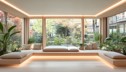 Fototapeta premium Serene minimalist room with built-in seating, illuminated by warm indirect lighting and overlooking a lush garden