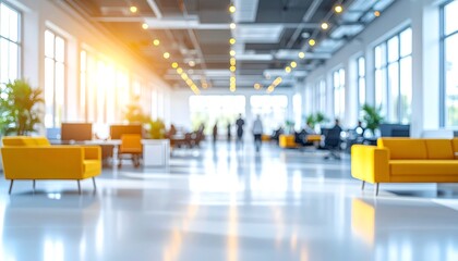 Fototapeta premium Modern office space featuring bright yellow furniture, large windows, and a welcoming atmosphere filled with natural light and greenery