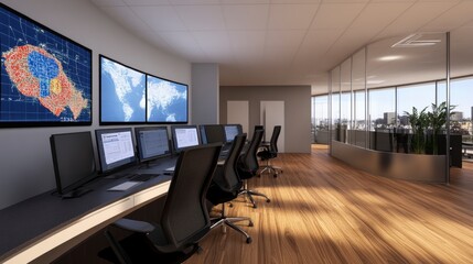 Fototapeta premium Modern Office Control Room with Panoramic City View and Large Data Screens