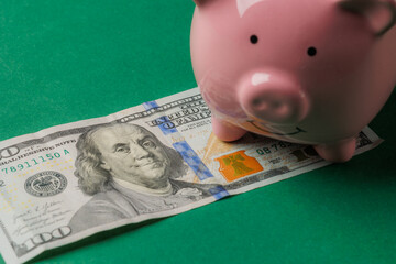Piggy bank sits on a hundred dollar bill on a green background during daylight