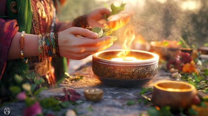 Mystical Ritual Woman's Hands Burning Herbs in Ornate Bowl