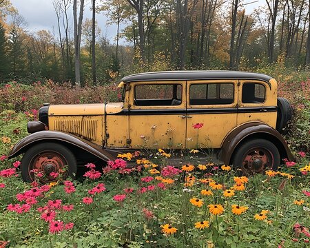 Fototapeta Vintage Car in Autumn Meadow