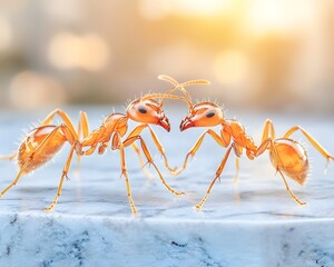 Fototapeta premium Two vibrant orange ants face each other on a light surface, bathed in warm sunlight