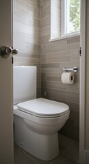 Obraz premium Realistic Image of White Toilet Interior In Clean Minimalist Bathroom
