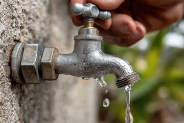 Hand turning a metal water faucet with flowing water droplets, mounted on a rough wall, with an out of focus green backdrop