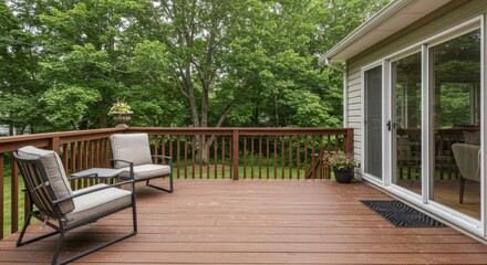 Wooden deck with chairs and view of trees