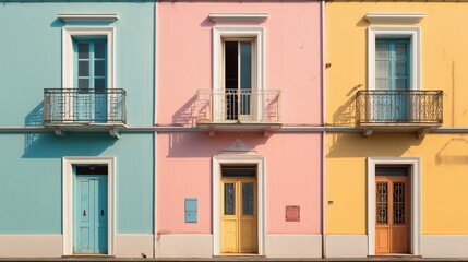 Obraz premium Pastel facade with simple details, a clean urban backdrop. Minimalist charm in soft daylight.