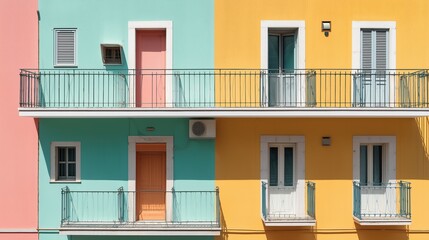 Fototapeta premium Pastel facade with simple details, a clean urban backdrop. Minimalist charm in soft daylight.